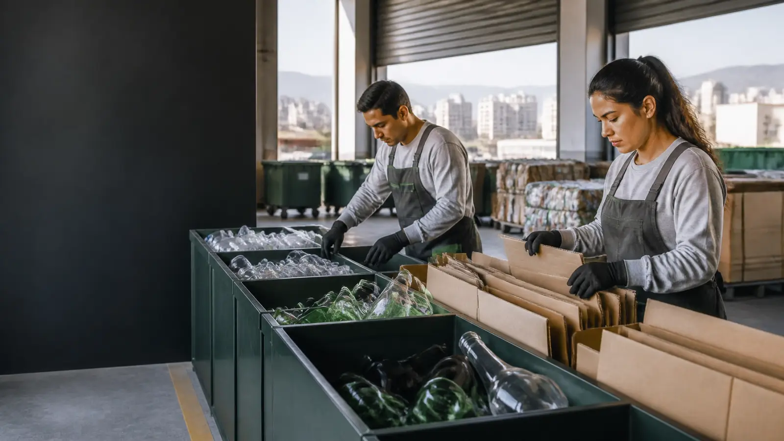 Equipo organizando materiales separados en un espacio de gestión de residuos