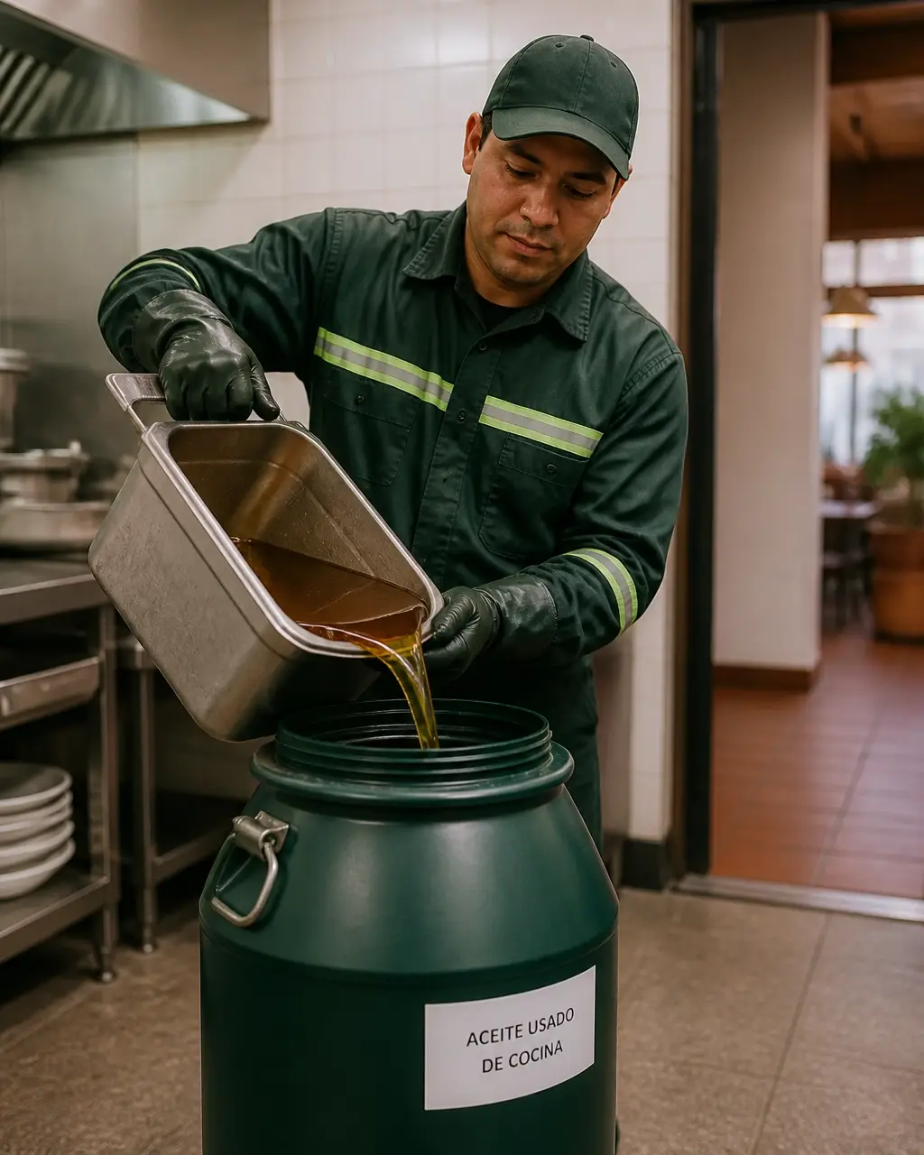 Profesional transfiriendo aceite de cocina usado a un recipiente de recolección seguro